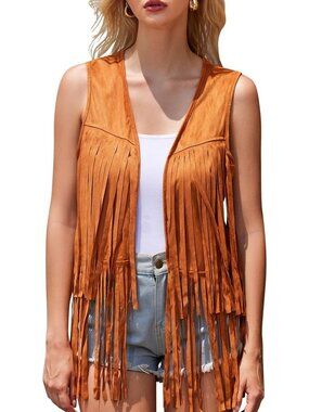 Women's Brown Faux Suede Fringe Stylish Vest Cowgirl Western Tassel Vests Jacket